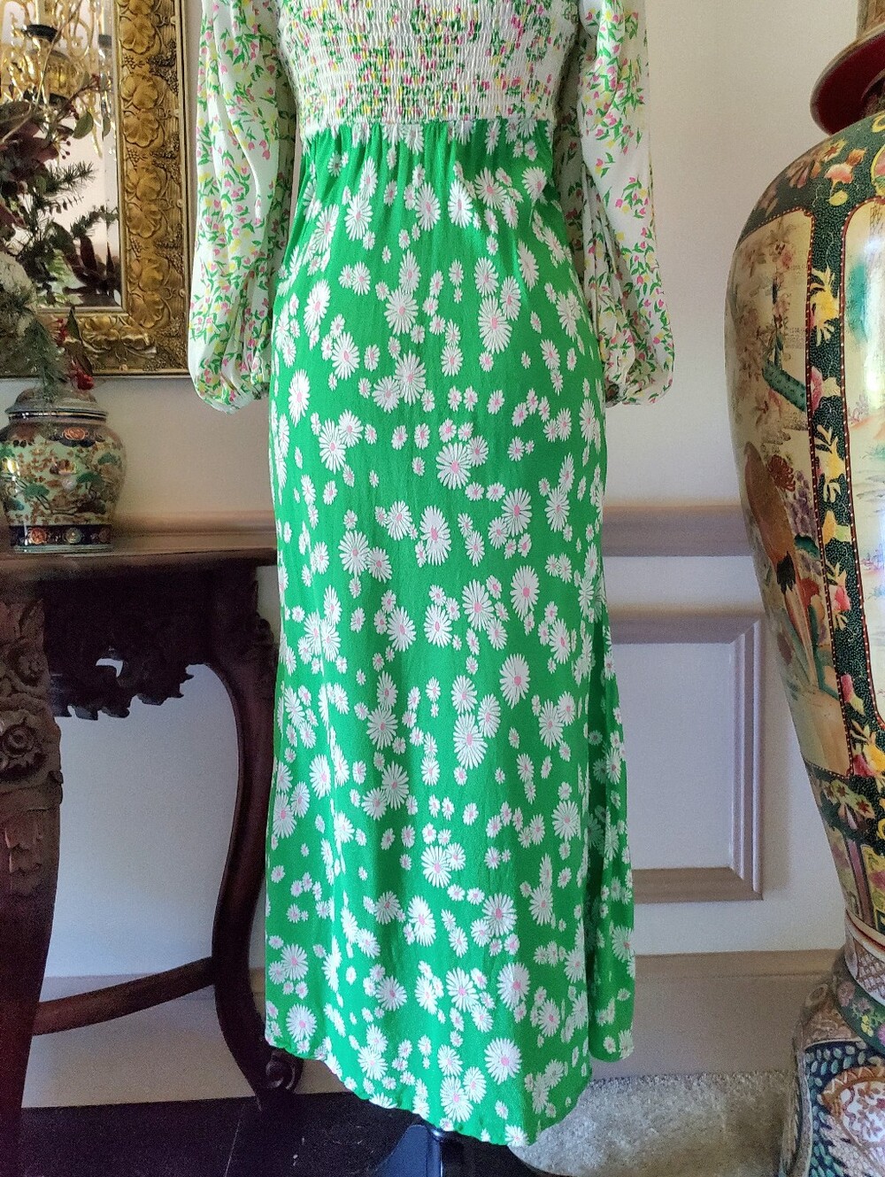 Rixo X Target Daisy Long Sleeve Swing Dress Sz 0 Green Floral Midi - Picture 6 of 10